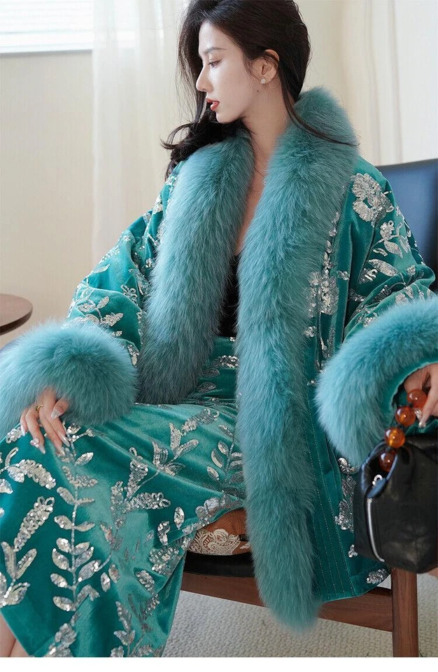  Синий вышитый бисером 90% белый гусь вниз Fox меха вниз куртки теплый костюм комплект - Изображение 2 из 4