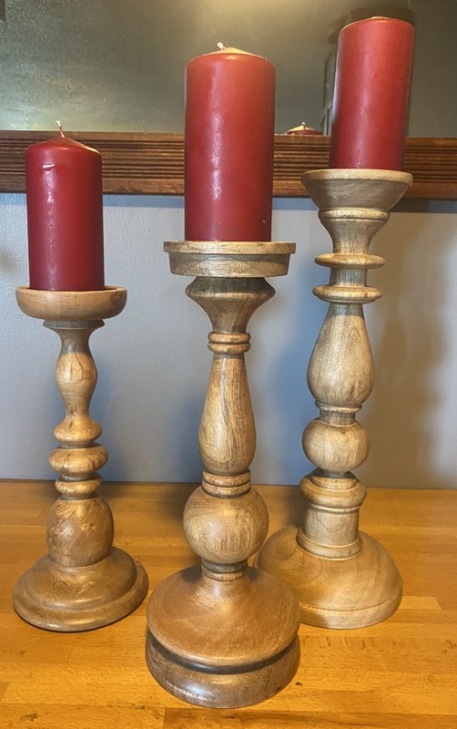 3 Williams-Sonoma Turned Solid Wood Pillar Candle Holders 16.5”, 14.5”,12.5”