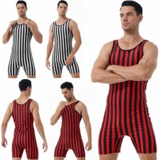 Men Stripe Wrestling Singlet Stretchy Bodysuit Jumpsuit Athletic Fitness Leotard