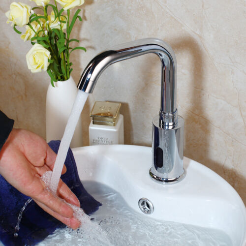 Chrome Bathroom Automatic Sensor Faucet Touchless Free Hand One Hole Mixer Tap - Picture 1 of 8