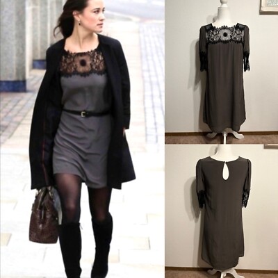 Lil Anthropologie Gray Silk Discovered Eyelash Lace SS Shift Dress Wm 6 Lined