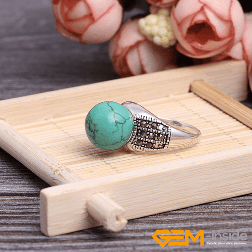 Fashion Gemstone Bead Rings Tibetan Silver Marcasite Jewelry Gift 12mm Christmas - Picture 19 of 60