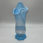 Vintage Fenton Blue White Slag Glass Cabbage Rose Handkerchief Swung Vase 7.25”