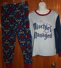 HARRY POTTER Ladies' Small 2-PIECE PAJAMAS Mischief Managed; blue/gray 
