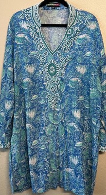 Key Lime & Pink Tunic Heavily Beaded Sequin Coastal Beach Swim CoverUp Plus 2x