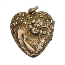 ANITQUE ART NOUVEAU REPOUSSE FLORAL HEART LOCKET PENDANT STERLING SILVER 