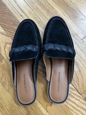 Lucky Brand Panlin black suede mules featuring distinct braided strap Women 7.5M