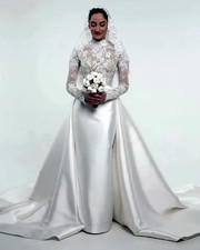 2 In 1 Wedding Dress With Detachable Train Lace Long Sleeves High Neck Satin
