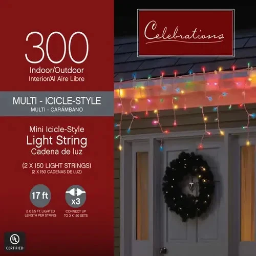 Christmas Icicle String Lights 300-ct 17.37' ft Multicolor Celebrations 2-PACK - Image 4 of 4