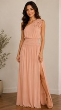 Halston Size S One Shoulder Appliqued Blush Peachy Maxi Dress Gala Formal Gown