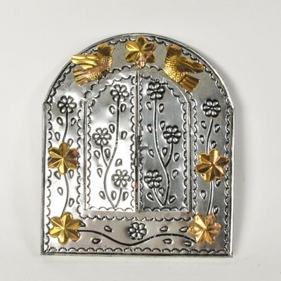 Mexican Folk Art Punched Tin Mirror with Doors, 10'' Vintage Arched Wall Mirror