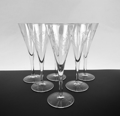 6 Kristall Champagnerflöten 1960/70er  graviert Vintage Westeuropa Handarbeit