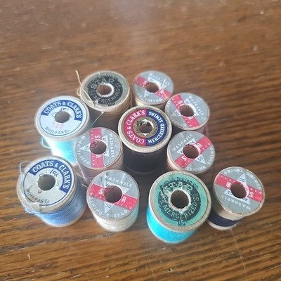 Lot 11 Primitive Vtg OLD Wooden Sewing Thread SPOOLS Advertising Small Clarks+