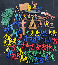 Large lot of cowboy and Indian vintage plastic figures with fence trees canoe