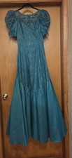 Vintage 80s Teal Lace Dress Puffy Sleeve Party Prom Cocktail Evening Long 5