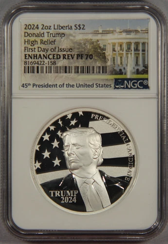 2024 Liberia Donald Trump High Relief 2 oz Silver NGC ENHANCED REV PF70 FDOI