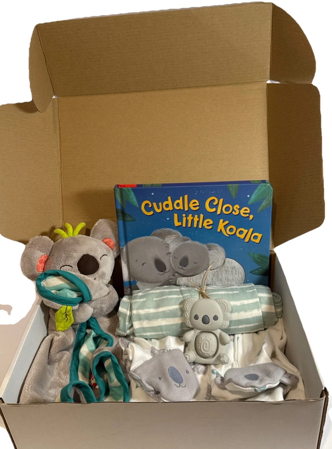 Baby Boy Koala Newborn Shower Gift Box, Book Lovey Outfit Teether Socks Blanket
