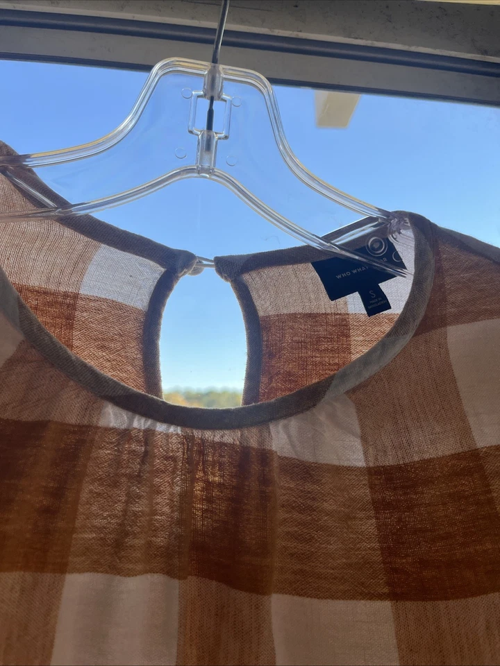 Who What Wear Womens Balloon Sleeve Linen Blend Blouse Size S Yellow Gingham - Image 3 of 4