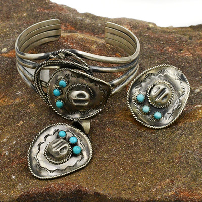 Sterling Silver Running Bear Bobby Platero Turquoise Cowboy Pendant Ring Cuff
