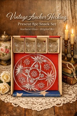 American Prescut Glass Snack Set   4 Trays & 4 Cups (8-Piece Star Pattern