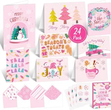 24 Pack Foiled 6X4In Pink Christmas Cards with Envelopes and Stickers, 8 Elegant