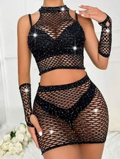 FISHNET 3 PCS SET  SHINY CROPPED TOP MINI SKIRT GLOVES EXOTIC DANCER ONE SIZE