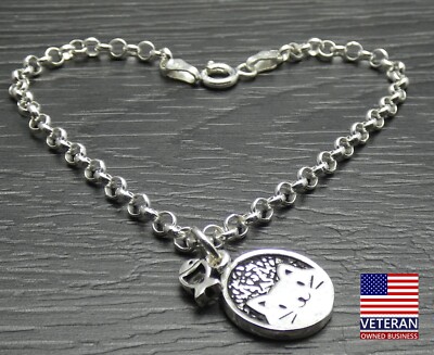 Sterling Silver Kitty Cat Pet Fish Pendant Rolo Link Chain Bracelet 8 inches