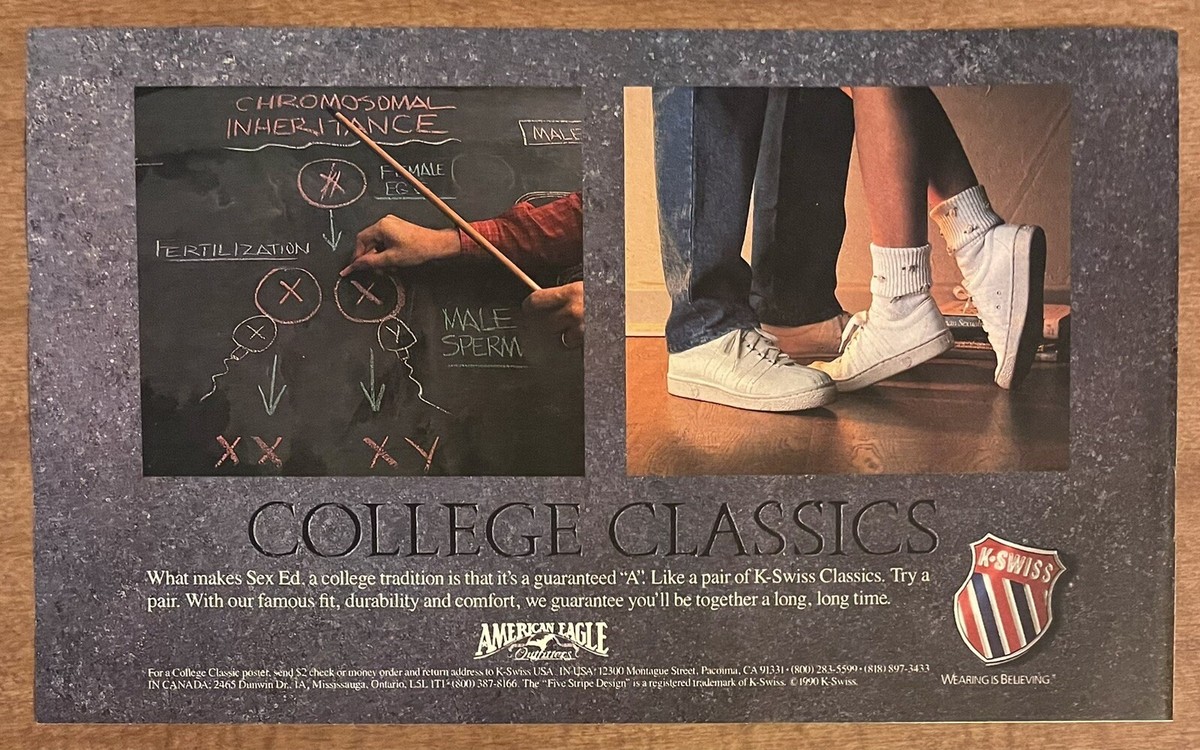 1990 K-Swiss Classics Sneakers Shoes College Sex Ed 90s Print Ad
