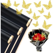 20 Sheets Flower Wrapping Paper Waterproof Floral Black with 3D Butterflies