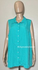 Susan Graver Women Aqua White Polka Dot Sleeveless Button Down Blouse Size XL