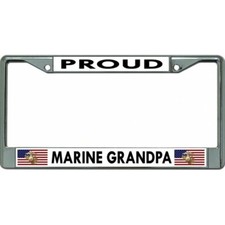 PROUD MARINE GRANDPA USMC MILITARY LOGO CHROME LICENSE PLATE FRAME MADE IN USA