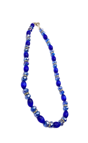 Cobalt Blue Faceted Crystal Glass Rhinestone Accents Choker Beaded Necklace 21" - Picture 9 of 24
