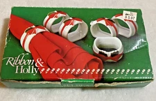 Vintage Mount Clemons Pottery Ribbon & Holly Napkin Rings Set/6 Porcelain Japan