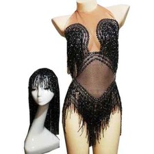 Sparkly Black Tassel Bodysuits Skinny Stretch Jumpsuits Costumes Glitter Leotard