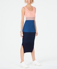 $80 Bar Iii Women's Pink Blue Rib Knit Color-Block Tea-Length Dress Size M