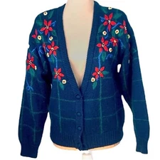 Herman Geist Embroidered Wool Blend Cardigan Sweater M Navy Plaid Button Up VTG