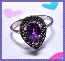 VTG 925 Sterling Silver Pear Amethyst Marcasite Ring Art Deco Approximate Size 8