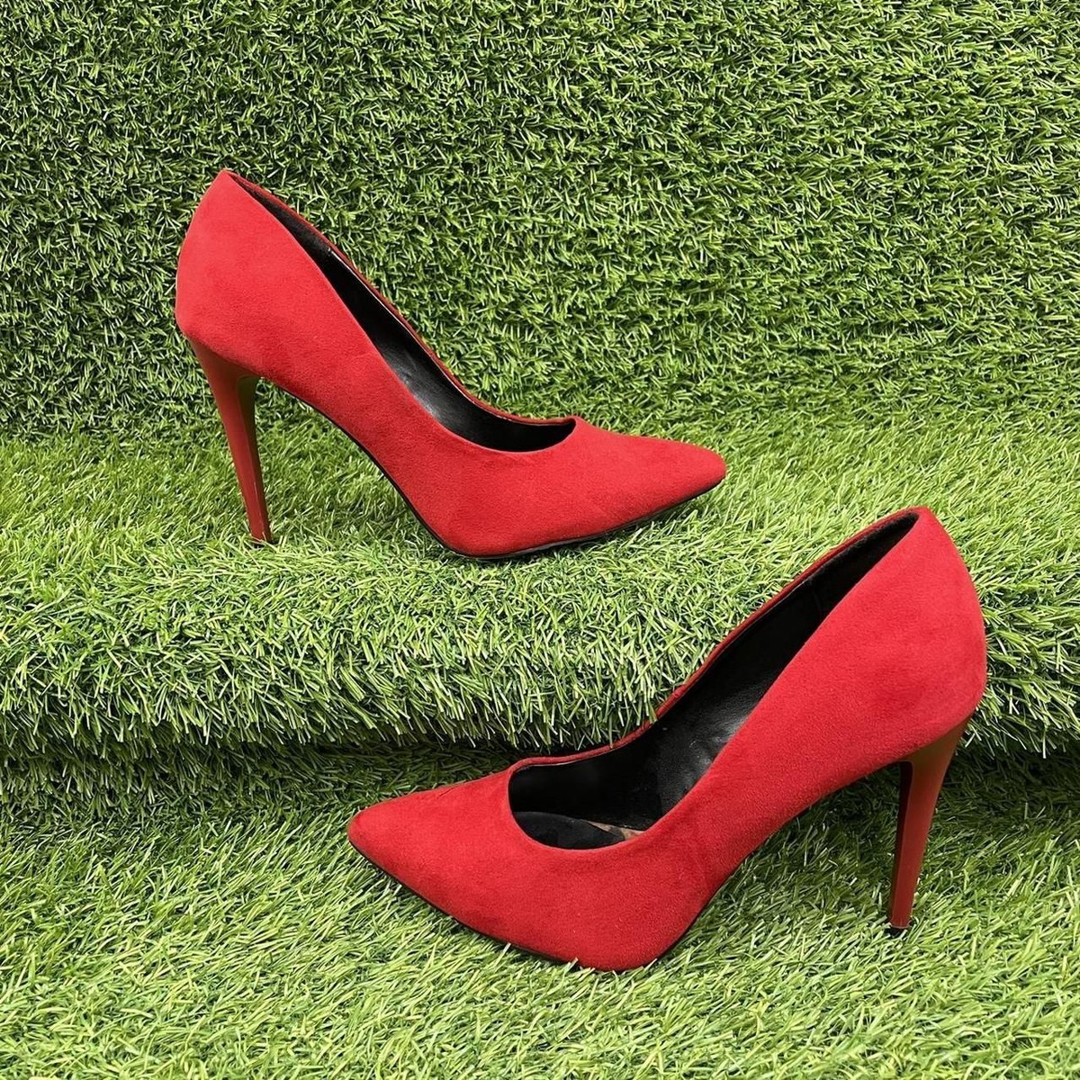 NEW LOOK RED SUEDE HIGH HEELS STILETTOS POINTED TOE CHEETAH LEOPARD Size UK 