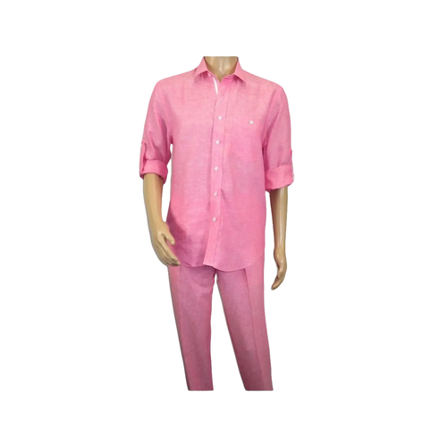 Men INSERCH premium Soft Linen Breathable 2pc Walking Leisure suit LS29116 Pink - 第 4/11 張圖片