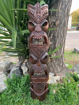 Hawaiian Style Tiki Totem Wooden Mask Hand Carved 39''x 8''in
