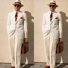 Linen Men's Suits Summer Beach Dinner Beige 2Pcs Coat Casual Jacket Cuffed Pants