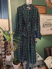 Vintage L L Bean Men's Scotch Plaid Flannel Robe Lounge Medium Green Blue USA