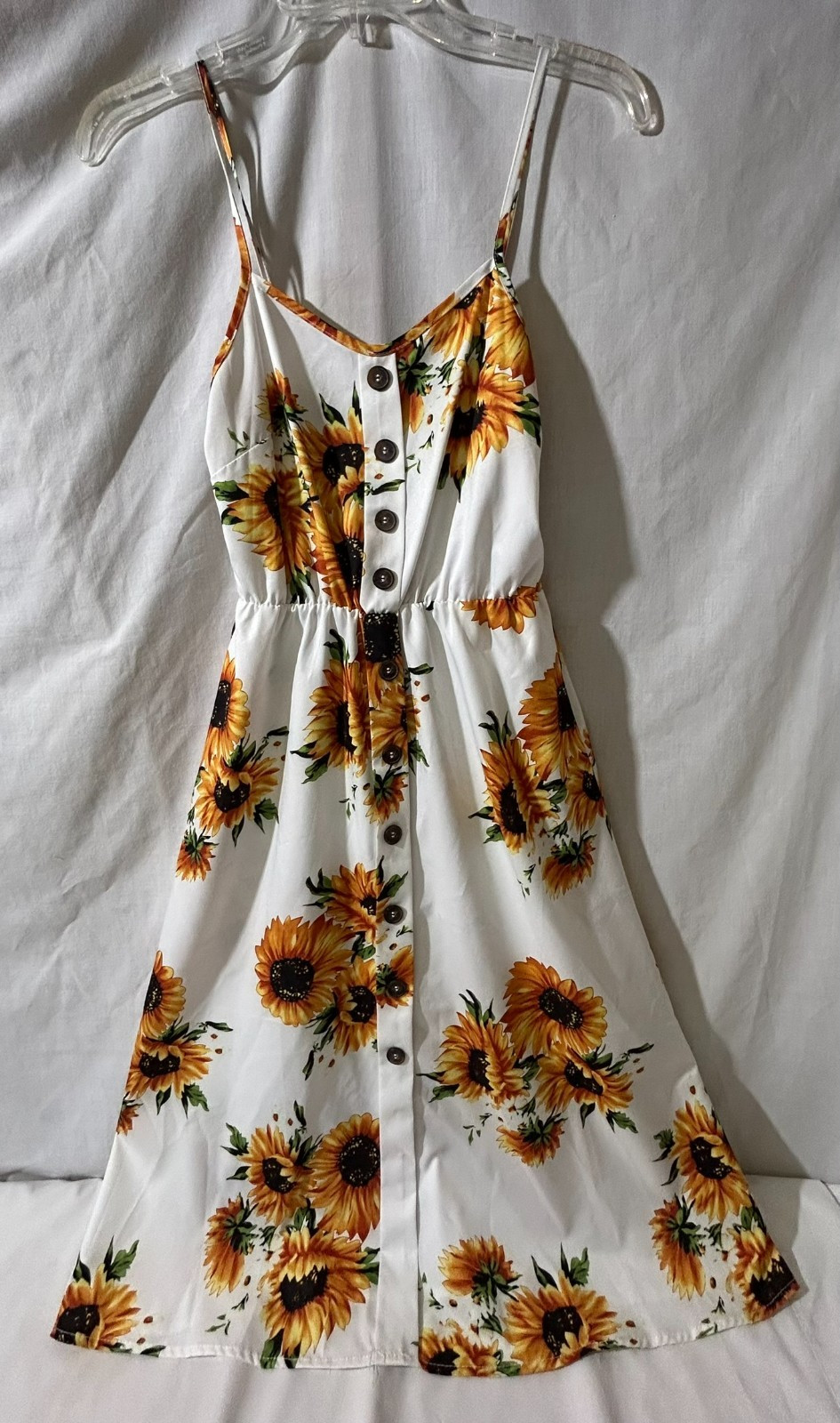 Unbranded women's adj spag. strap pullover dress white w/sunflowers size small