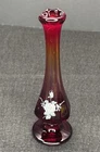 Fenton Roses on Ruby Bud Vase Hand Painted By L. Everson ( 7-1/2” Tall )