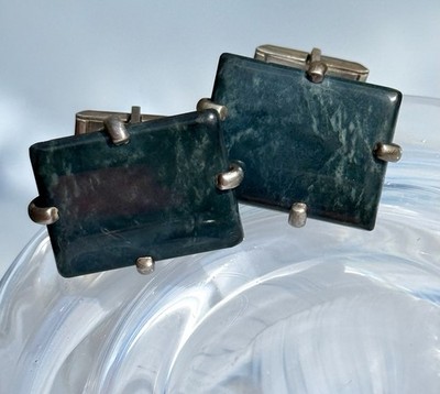 1940 s Mid Century Cuff Links Sterling Silver Large Moss Agate Tiles PAT 2472958