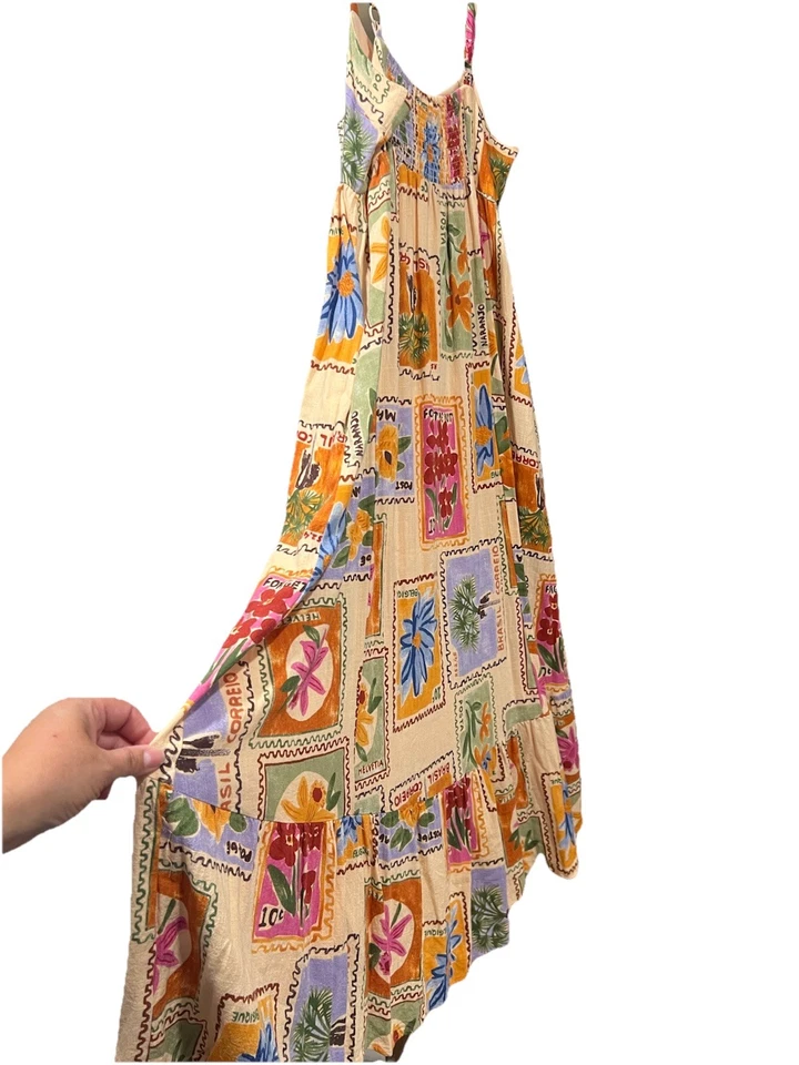 Vestido maxi Anthropologie corações de papel tamanho M L linho floral chalé vermelho creme - Imagem 3 de 4