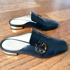 TORY BURCH Sidney Black Backless Loafer Mules Leather/Gold Sz 9.5M 358