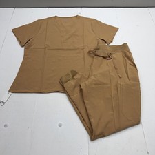 COZYFIT Scrub Set Womens XL Brown Khaki V Neck Top Jogger Pants Pockets Medical