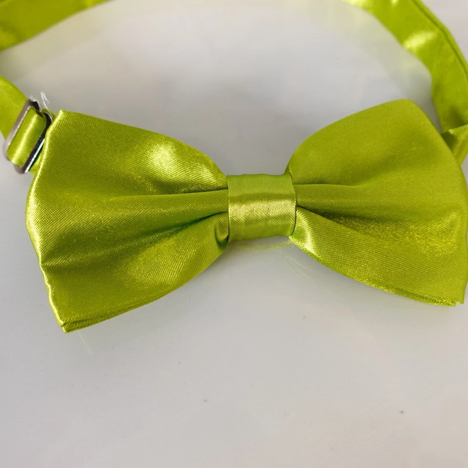 Green Solid Bow Tie Mens Lime Glossy Satin Ribbon Wedding Tuxedo Suit Pre Tied - Image 2 of 4