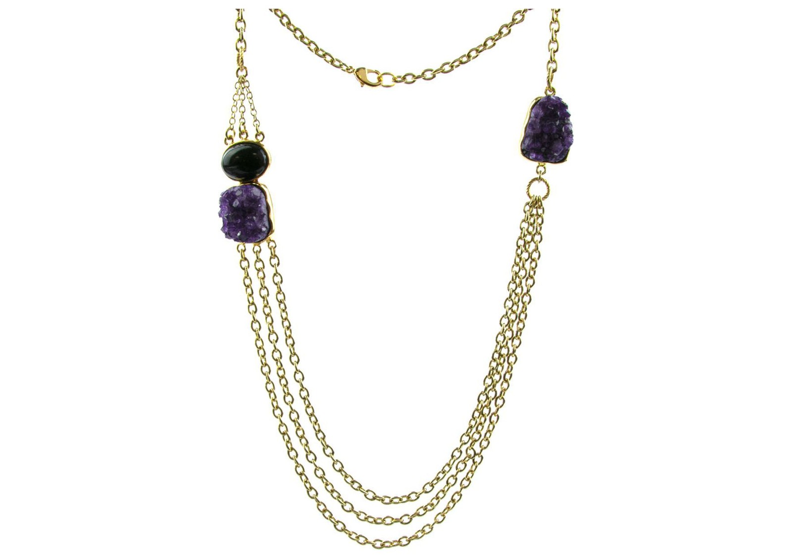 Женское ожерелье из натурального черного обсидиана и аметиста с друзами из 33 слоев 2090₽